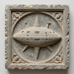 section of a decorative stone panel depicting alien spacecraft. Hindu artifact, 4K high quality museum collection photograph