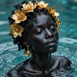 hyperrealistic post rococo cinematic very expressive! black oshun goddess, in water up to her shoulders, mirror dripping droplets!, gold flowers, highly detailed face, digital art masterpiece, smooth eric zener cam de leon dramatic pearlescent volumetric teal light, high angle uhd 8 k, sharp focus