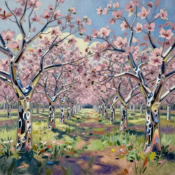 a landscape pastel in the style of noriyoshi ohrai and mark tedin of an orchard where all the trees are made of chrome metal. key art. 4 k retrofuturistic fantasy