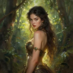 female seductive queen of nature girl, beautiful face, rule of thirds, intricate outfit, backlit, portrait by artgerm, background art by greg rutkowsk and jeremy mann, digital painting