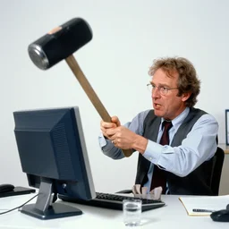 bjarne stroustrup smashing a computer with a large mallet, photograph in an office taken in 1 9 9 5