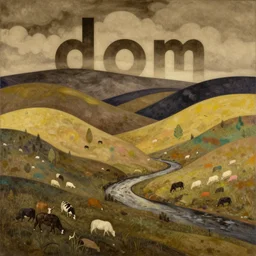 doom by hilma af klint sepia. a mixed mediart of a landscape. it is a stylized & colorful view of an idyllic, dreamlike world with rolling hills, peaceful animals, & a flowing river. the scene looks like it could be from another planet, or perhaps a fairy tale.