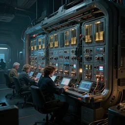 closeup of a highly futuristic technical advanced power distributor of a spacecraft with engineers working, cyberpunk, moody, luminescent, rule of thirds, golden ratio, ambient lighting, syd mead, greg rutkowski, wlop, artgerm, artstation, highly detailed masterpiece