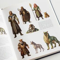 zoomed - in page scan of fantasy characters & monsters encyclopedia, diagrams, insanely detailed, informative texts and graphs, illustration with detailed text on a side