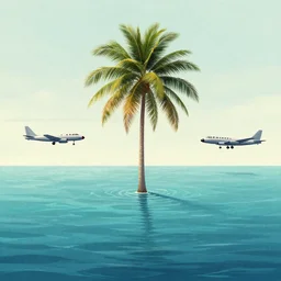 a simple and beautiful detailed concept art that is digitally painted of a life plane of ocean water of a single palm tree and a jet plane on the left and on the right by craig mullins and howard arkley