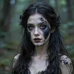 “a charming and flirty faerie, who's face is eroded made of black quicksand”