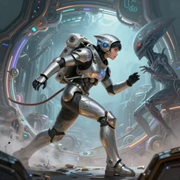 armored astronaut girl chasing an human structure alien carefully, ssci-fi, neon light and fantasy, intricate and very very beautiful and elegant, highly detailed, digital painting, artstation, concept art, smooth and sharp focus, illustration, art by tian zi and WLOP and alphonse mucha