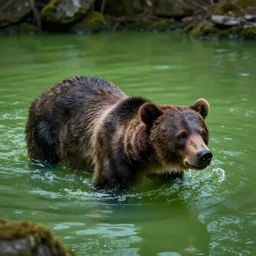 zombie bear swimming in a toxic green pool of liquid, photo image by national geographic + realistic horror