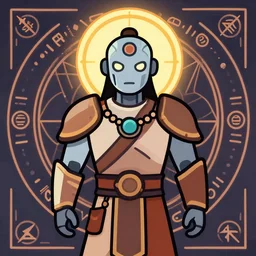 portrait of a future metaverse cyborg tech shaman warrior, 2D cartoon, flat cartoony, visionary art, symmetric, Magick symbols, holy halo, shipi bo patterns, sci-fi