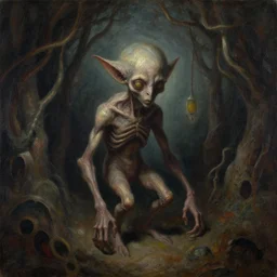 ' a surreal painting of a small, twisted, demented creature from another world, an inner sanctum of knowledge, mystery, and mysticism.'by william higginson, anton fedeev