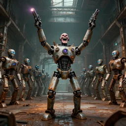 a robot mad scientist overlord laughing maniacally with arms raised high, standing in front of hundreds of robots inside a huge rusty dingy warehouse, raygun gothic, atomic punk, digital art, octane render