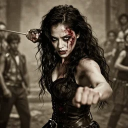 movie frame with show girl, fighting , looks at camera, inspired by monster hunter and dark fantasy and fashion, beautiful  body, clean brutal blooded face, brutal sluty make up, epic,dramatic lighting, cinematic, establishing shot, extremely high detail, photorealistic,  brutal, provocative , cinematic lighting, artstation, octane render, dark fantasy, inspired by Boris vallejo, sepia, old photography, documentary photography, national geographic photography