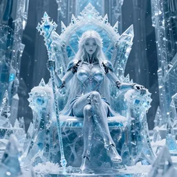 an ice cyborg princess sitting on her ice throne in her ice castle wearing a bikini, holding an ice staff, highly detailed, unreal engine 5 render, ice, frost, white beautiful hair, cold colours, digital art, sci fi, illustration, concept art by jason chan and johannes helgeson