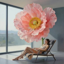 closeup, huge flower as a head, woman sitting on lounge chair by a modern window, surreal photography, studio light, impressionist painting, digital painting, artstation, simon stalenhag