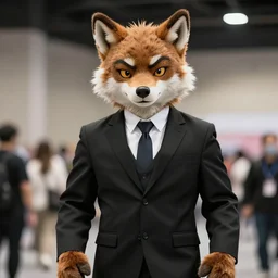 brown wolf furry costume with a black presidential suit, convention photo, ultra detailed
