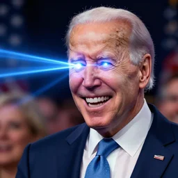 Joe Biden with a wide grin shooting laser beams out of his eyes into a crowd, Evil, chaos, hypermaximalist, ornate, horror, Peter Mohrbacher, Marc Simonetti, Mike Mignola, detailed, intricate ink illustration, symmetry, bloodborne, colorful