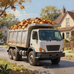 classic oil painting, a single dump truck full of leaves, as a dnd character, on a sunny populated suburban street, cottagecore, highly detailed, digital illustration, concept art, smooth, sharp focus, art by greg hildebrandt, and tim hildebrandt