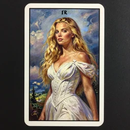 tarot card, oil painting, ultra realistic, intricate details, charlize theron long blond hair white dress elegant seductive regal