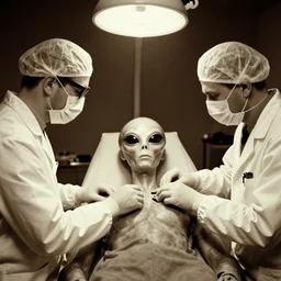 an alien autopsy, realistic, vintage, grainy, old style photo, sepia, dark, medical lighting, masked doctors, clear alien face