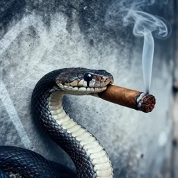 highly detailed closeup of a moody solid snake smoking a cigar by atey ghailan, by greg rutkowski, by greg tocchini, by james gilleard, by joe fenton, by kaethe butcher, gradient, blue, black, brown and white color scheme muted tones, grunge aesthetic!!! white graffiti tag wall background