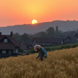 german village, against the background of sunset, in the foreground a shepherd is picking wheat