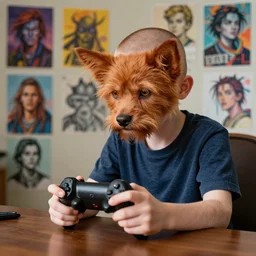 Scruffy ginger boy with shaved head, plays videogames, various art styles,