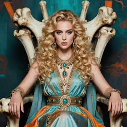 bust portrait of girl sitting on bones throne, persian empire costume, blonde, curly hair, clean face, provocative make up, symmetrical face, smooth skin, jewelry,, ecstasy, cute, fashion editorial photography, hyperrealistic, from vogue magazine, ultra realistic, artgerm, david lachapelle, reflections, teal and orange