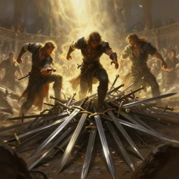 people tripping over a pile of swords in an arena, fantasy, d & d, digital painting, by randy vargas, digital painting, volumetric light, intricate, sharp, focus, bloom, illustration, highly detailed, concept art, matte, greg rutkowski