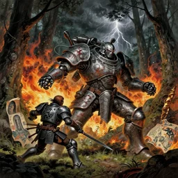 composition gothic and futuristic in forest, action with run and fight, warhammer, cyber japan armor, more scars, fire storm, thunderstorm, the middle ages, highly detailed, artstation, moebius, jugendstil and classic japanese print, art rene magritte and robert mccall
