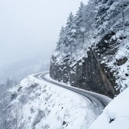 a dangerous winding road route on an icy snowy cliff, blizzard, photo
