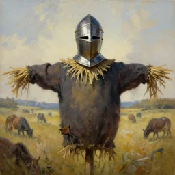 a knight's helmet hung over a scarecrow in the middle of a battlefield. by Daniel F. Gerhartz, hyperrealistic oil painting, 4k, studio lightning, very detailed face