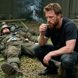 an image of joe rogan smoking weed over the fallen enemy soldiers.