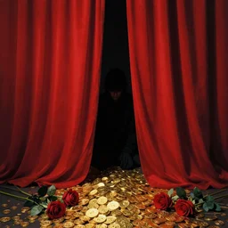 behind red curtains, lonely dark character, dark, sad, dystopian, capitalism, golden money pieces and roses on the ground, behind the scene, by rokas aleliunas and zdzisław beksinski, vibrant colours, black and red, smooth, octane, trending on artstation, red color scheme