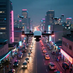 3 d vfx art of flying drones above - a neon lit - bustling lagos urban street - in nigeria, cinestill 8 0 0 t photograph, illustration in the style by philippe bouchet & james jean, unreal engine render, digital illustration, sharp, intricate detail, volumetric light, ray tracing, soft light, colourful, mike winkelmann surreal environment, first person view,