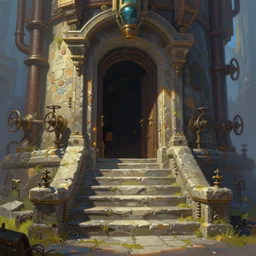 matte glossy illustration painting of stone steps fantasy leading steampunk doorway steampipes and valvesl, artstation by emilia dziubak, will terry, greg olsen, chris mars, ann long, and mark brooks, gret ritkowski dramatic, architecture, colorful warcraft architecture