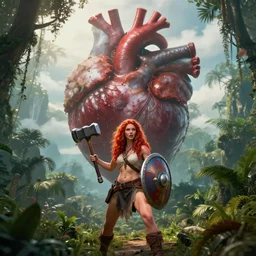 a ginger dwaven women wielding a hammer and shield emerges from a hostile jungle. Before her lays an awesome floating mountain in the shape of a human heart. 4k realism