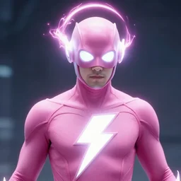 a superhero with white eyes and a pink suit with a white lightening bolt on his chest. shoots pure energy rings from his head. marvel universe. cinematic