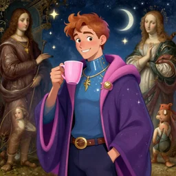 portrait of a ( ( ( grande y rosa una taza de cafe ) ) ), ( ( dotado futuristic guapo y joven mago italiano alegre ) ), lleno de estrellas y magia, concept character, by filip hodas and mucha and botticelli and bob ross and bierstadt and remington, trending on artstation