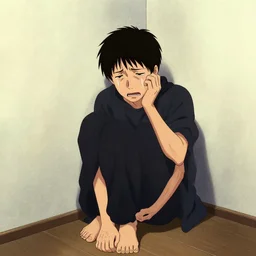nobuyoshi araki artwork, a man is sitting in a corner with a panicked expression, he has a despondent expression and is crying, the other half of his body is missing