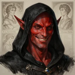 portrait of a male tiefling with red skin wearing a black hood, smiling, D&D, fantasy, intricate, elegant, highly detailed, digital painting, artstation, concept art, smooth, sharp focus, illustration, art by artgerm and greg rutkowski and alphonse mucha