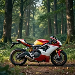 portrait of a single ducati sport classic in a vast forest landscape in the style of thomas cole, cinematic lighting, raytracing, 8 k, octane render, volumetric, vivid, beautiful, hyperrealism