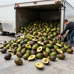 photo of an avocado truck accident that overturned and spilled tons of avocados on the floor that people are picking up