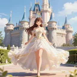 anime girl in a beautiful flowing dress standing in front of a castle by WLOP