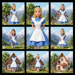 alice in wonderland, woman, house, tree, mountains, photo, collage, 3 d render, 4 k, 8 k, high definition