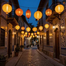 winding street at midnight in a very old very beautiful city, glowing paper lanterns, strong dramatic cinematic lighting , ornate tiled architecture, lost civilizations, smooth, extremely detailed, trending on artstation, by Noah Bradley