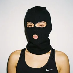 realistic! photoshoot for a new nike lookbook, color film photography, portrait of a beautiful woman wearing a balaclava mask, photo in style of tyler mitchell, 35mm lens