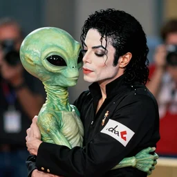 michael jackson hugging an alien, in focus, blured background, boceh, high detail, sharp, film photography, direct flash, kodak portra 4 0 0,