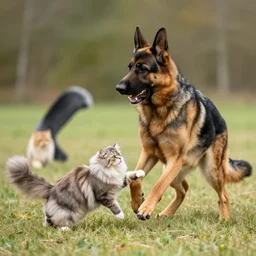 German shepherd dog fighting with a Persian cat in battlefield