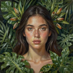 a beautiful portrait of a beautiful woman surrounded by leaves of jungle plants, ayahuasca, spiritual, high detail painting, fantasy art, highly detailed, realistic face