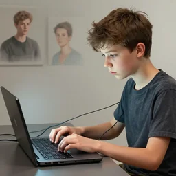 illustration of a boy connected to his laptop with wires, highly detailed, by butcher billy, mcbess, rutkowski, james jean, 8 k, photorealistic